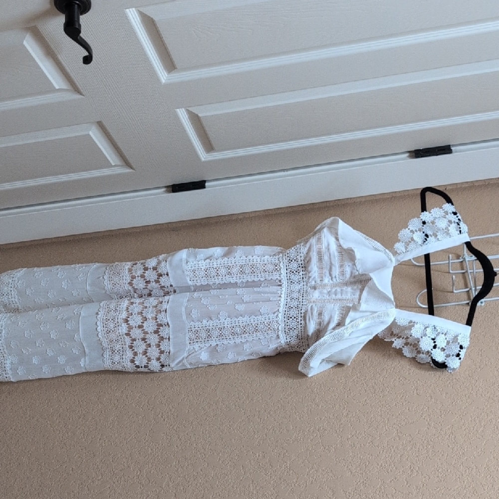 White Lace Jumpsuit with Floral Details